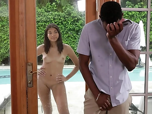 Wild step-dad witnesses his black stepdaughter stroking by the pool