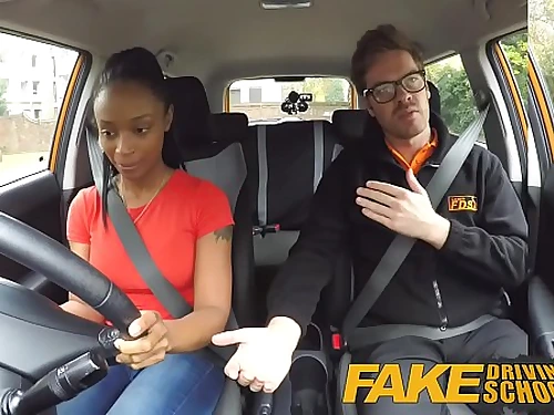 Fake Driving College ebony learner with meaty mounds is worst driver yet