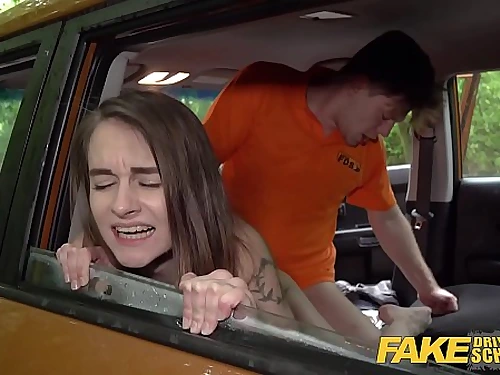 Faux Driving School Cute teenage brown-haired poon opened up