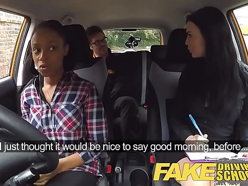 Fake Driving College big-boobed dark-hued girl fails test with lezzy examiner