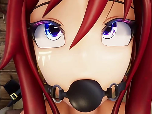 Hentai Vtuber Elfie Enjoy squirts w/ dildo in ebony spandex suit and ball gag (3D / VRCHAT / MMD)