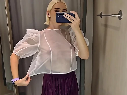 Let&#039;s try on translucent clothes, downright see-through. In the mall. Observe me in the fitting bedroom